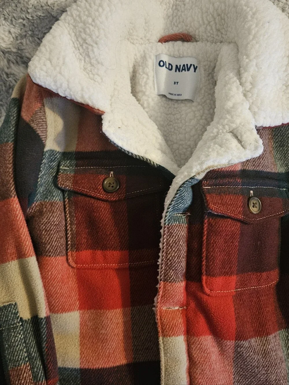 Old Navy Kids' Red, Green & Cream Plaid Sherpa-Lined Jean Jacket